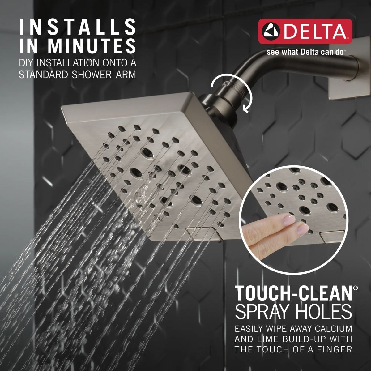 DELTA Universal Showering Components H2OKINETIC 5-Setting Angular Modern Raincan Shower Head — Lumicoat® Stainless