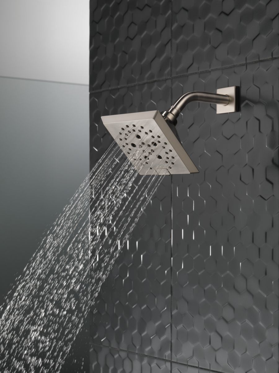 DELTA Universal Showering Components H2OKINETIC 5-Setting Angular Modern Raincan Shower Head — Lumicoat® Stainless
