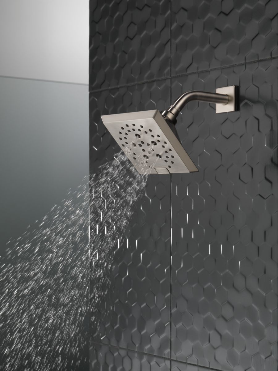DELTA Universal Showering Components H2OKINETIC 5-Setting Angular Modern Raincan Shower Head — Lumicoat® Stainless