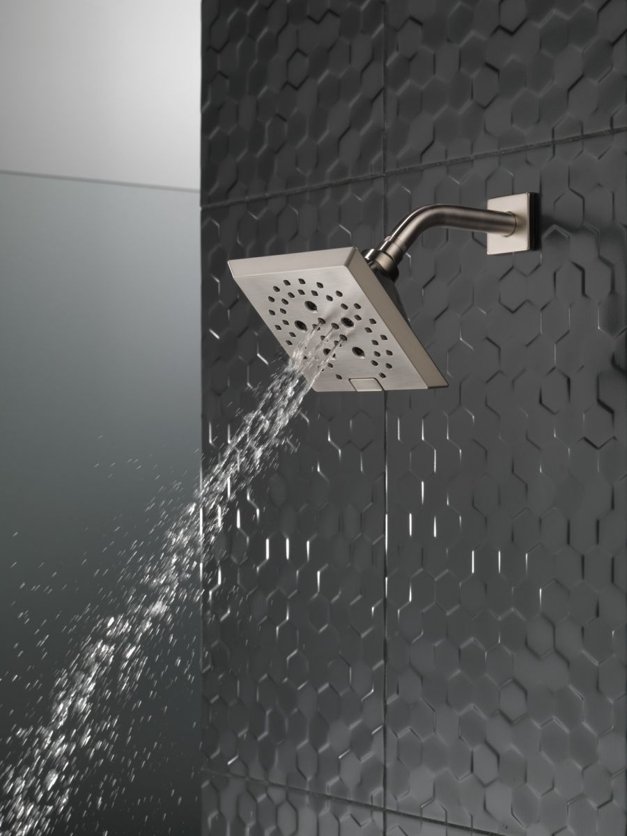 DELTA Universal Showering Components H2OKINETIC 5-Setting Angular Modern Raincan Shower Head — Lumicoat® Stainless