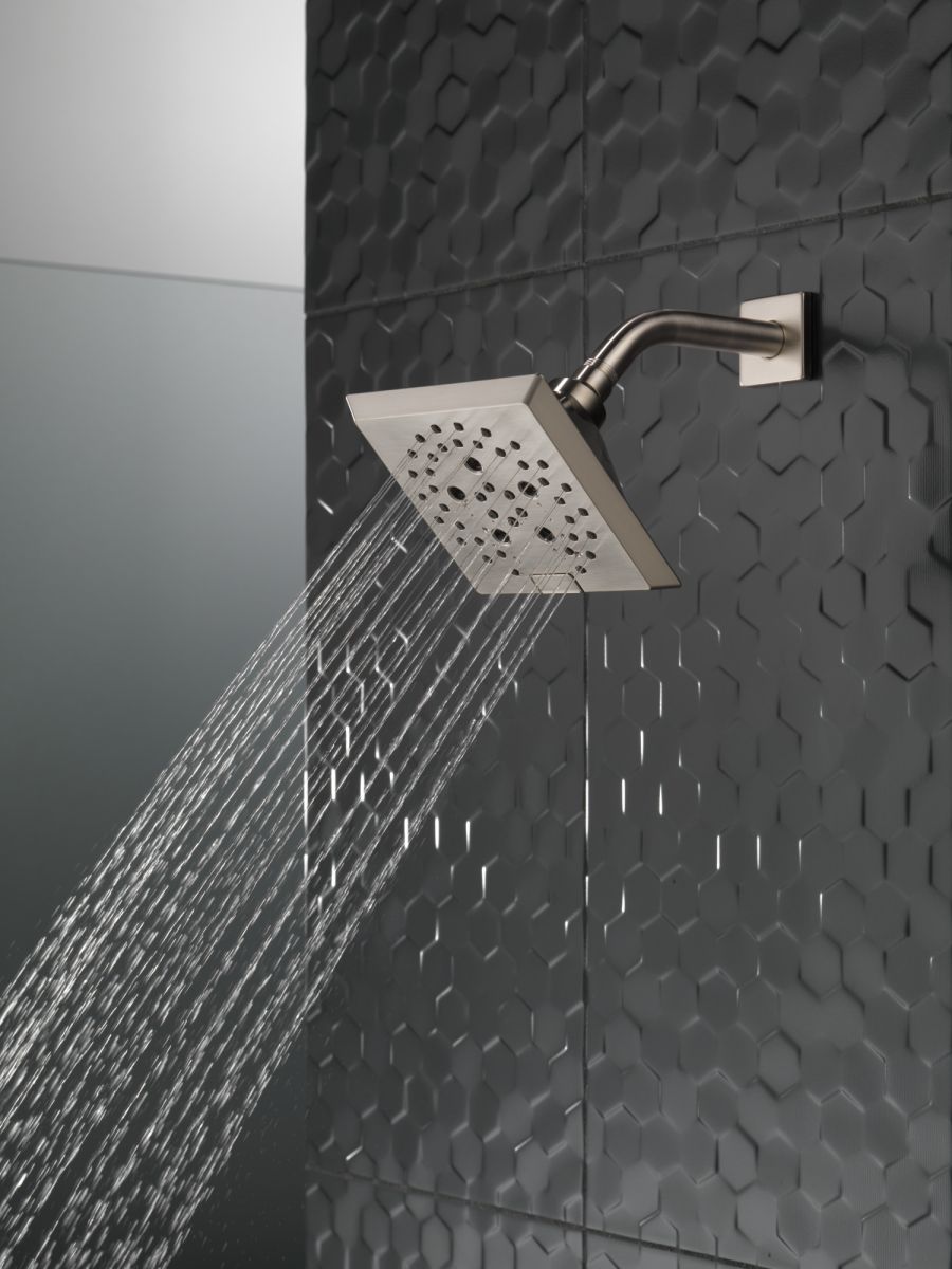 DELTA Universal Showering Components H2OKINETIC 5-Setting Angular Modern Raincan Shower Head — Lumicoat® Stainless