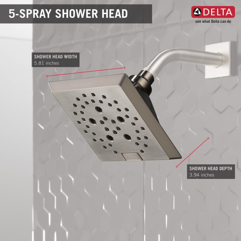 DELTA Universal Showering Components H2OKINETIC 5-Setting Angular Modern Raincan Shower Head — Stainless