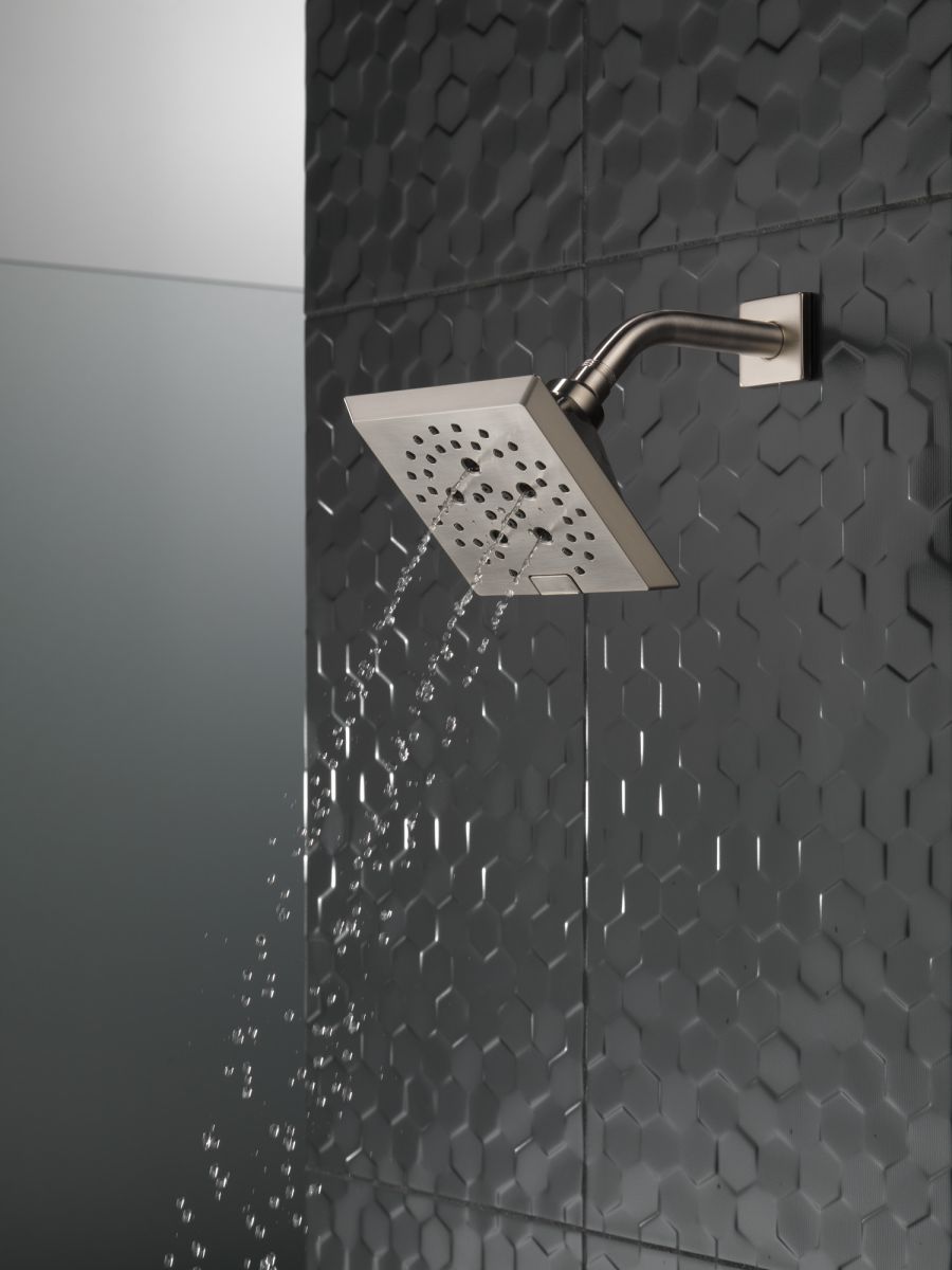 DELTA Universal Showering Components H2OKINETIC 5-Setting Angular Modern Raincan Shower Head — Stainless