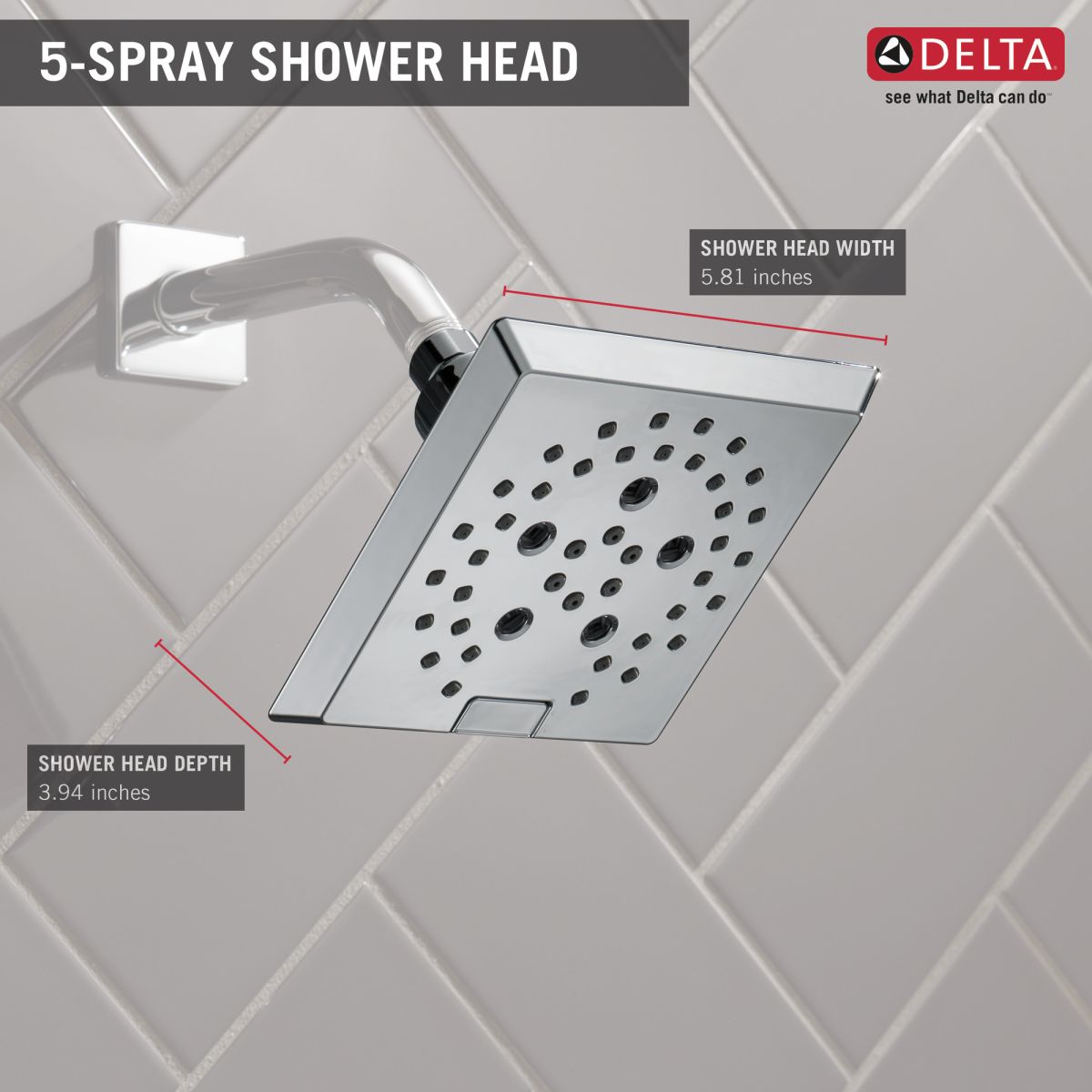 DELTA Universal Showering Components H2OKINETIC 5-Setting Angular Modern Raincan Shower Head — Chrome