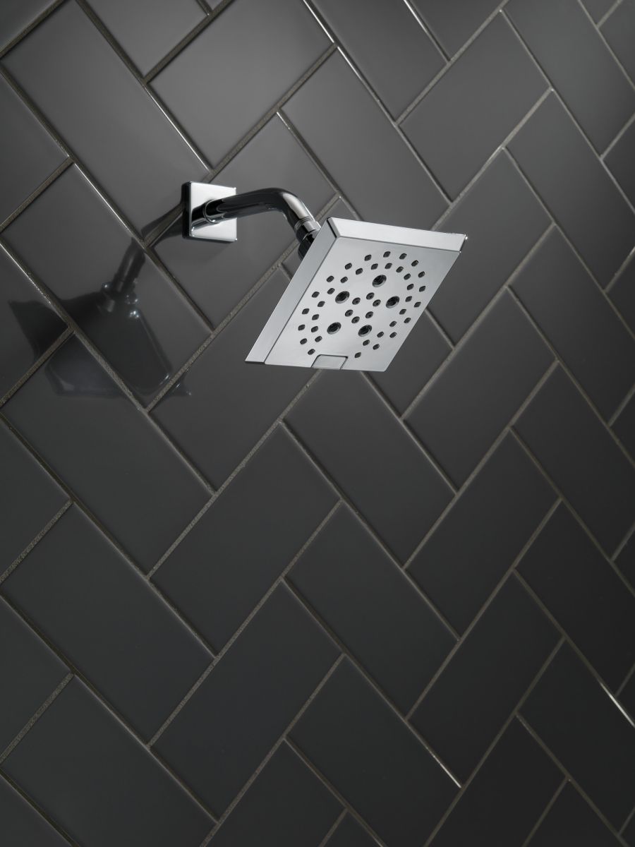 DELTA Universal Showering Components H2OKINETIC 5-Setting Angular Modern Raincan Shower Head — Chrome