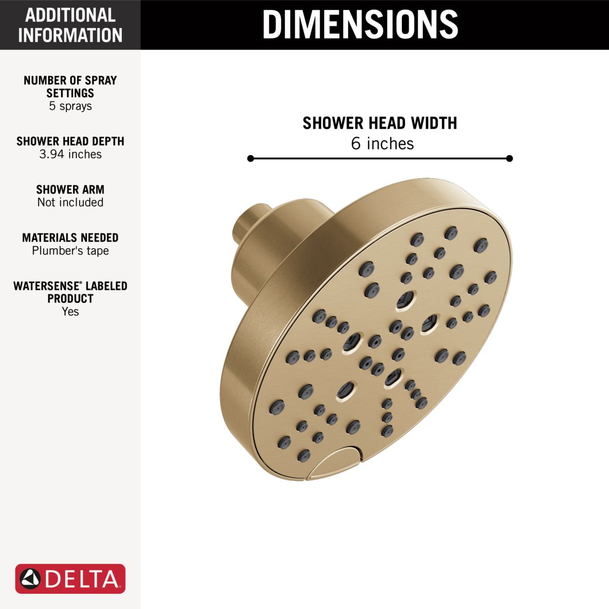 DELTA Universal Showering Components H2OKINETIC 5-Setting Contemporary Raincan Shower Head — Lumicoat® Champagne Bronze