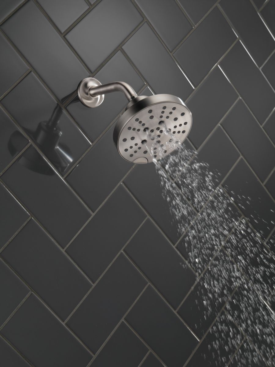 DELTA Universal Showering Components H2OKINETIC 5-Setting Contemporary Raincan Shower Head — Lumicoat® Stainless