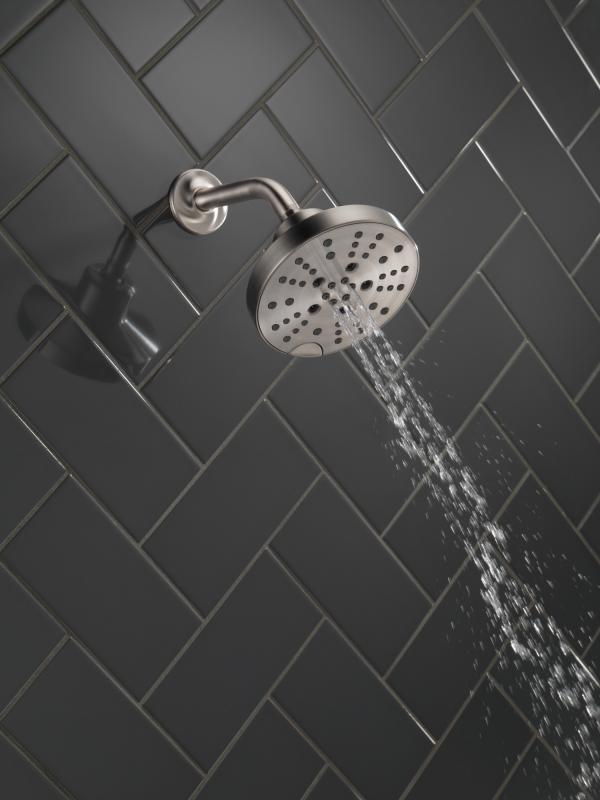 DELTA Universal Showering Components H2OKINETIC 5-Setting Contemporary Raincan Shower Head — Lumicoat® Stainless