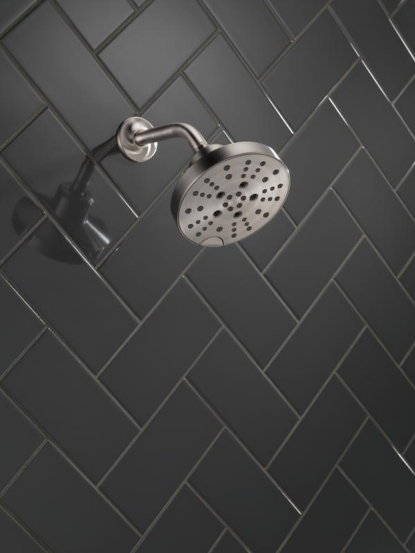 DELTA Universal Showering Components H2OKINETIC 5-Setting Contemporary Raincan Shower Head — Lumicoat® Stainless