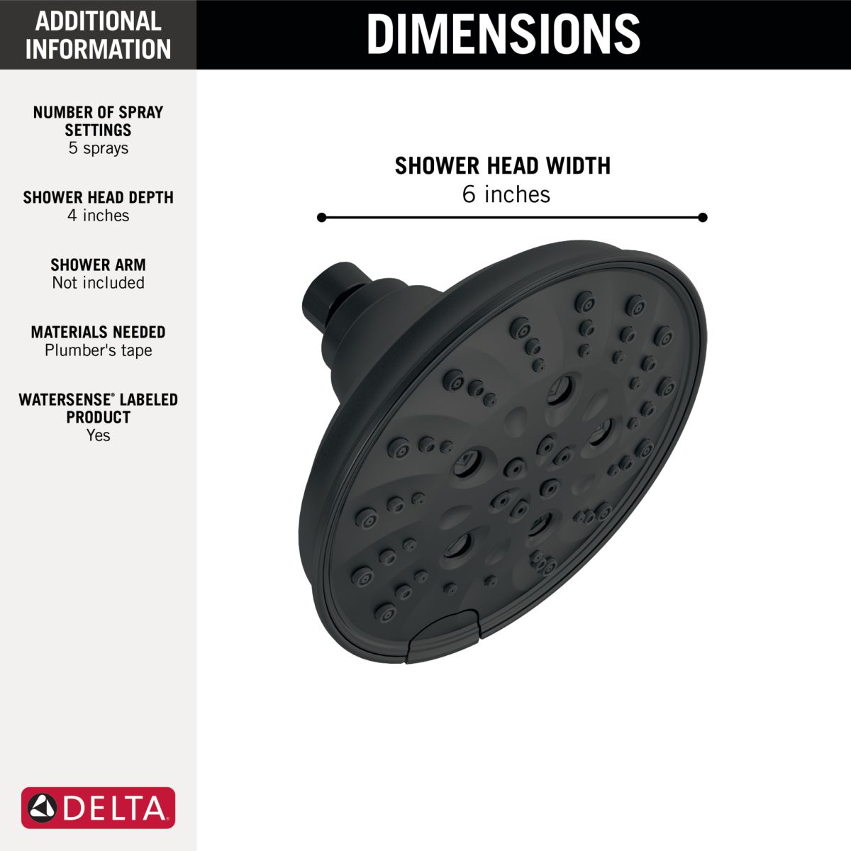 DELTA Universal Showering Components H2OKINETIC 5-Setting Traditional Raincan Shower Head — Matte Black