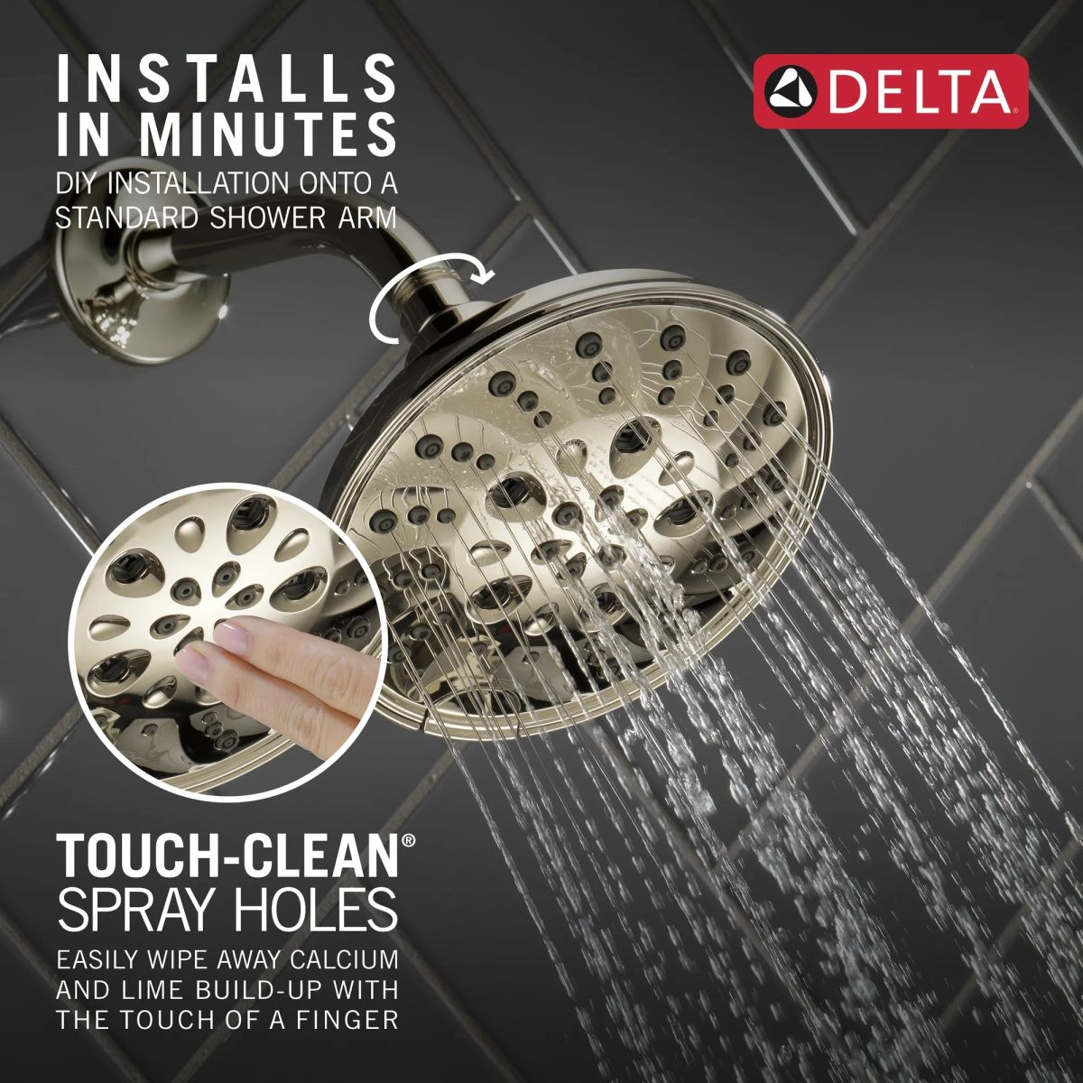 DELTA Universal Showering Components H2OKINETIC 5-Setting Traditional Raincan Shower Head — Lumicoat® Polished Nickel
