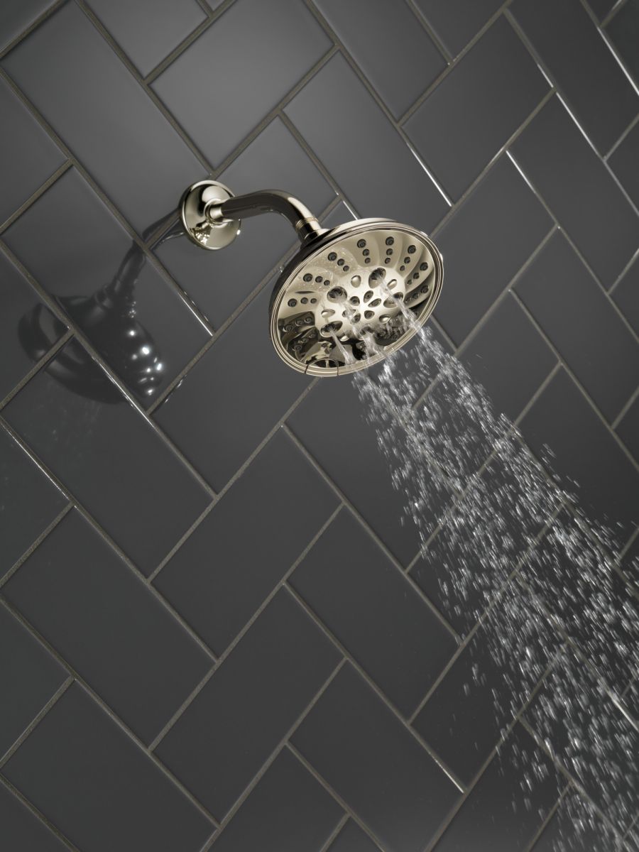 DELTA Universal Showering Components H2OKINETIC 5-Setting Traditional Raincan Shower Head — Lumicoat® Polished Nickel
