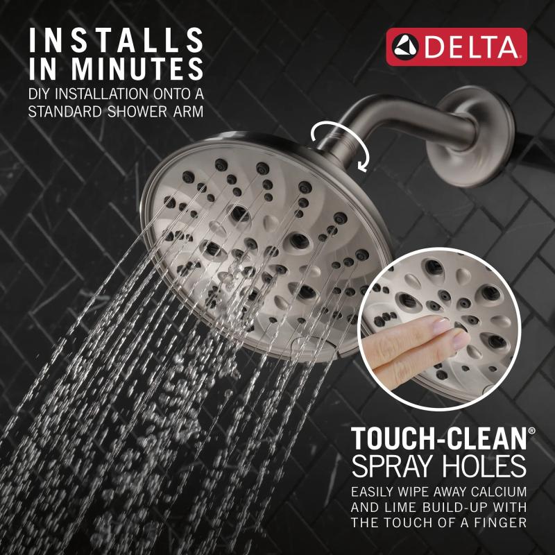 DELTA Universal Showering Components H2OKINETIC 5-Setting Traditional Raincan Shower Head — Lumicoat® Stainless