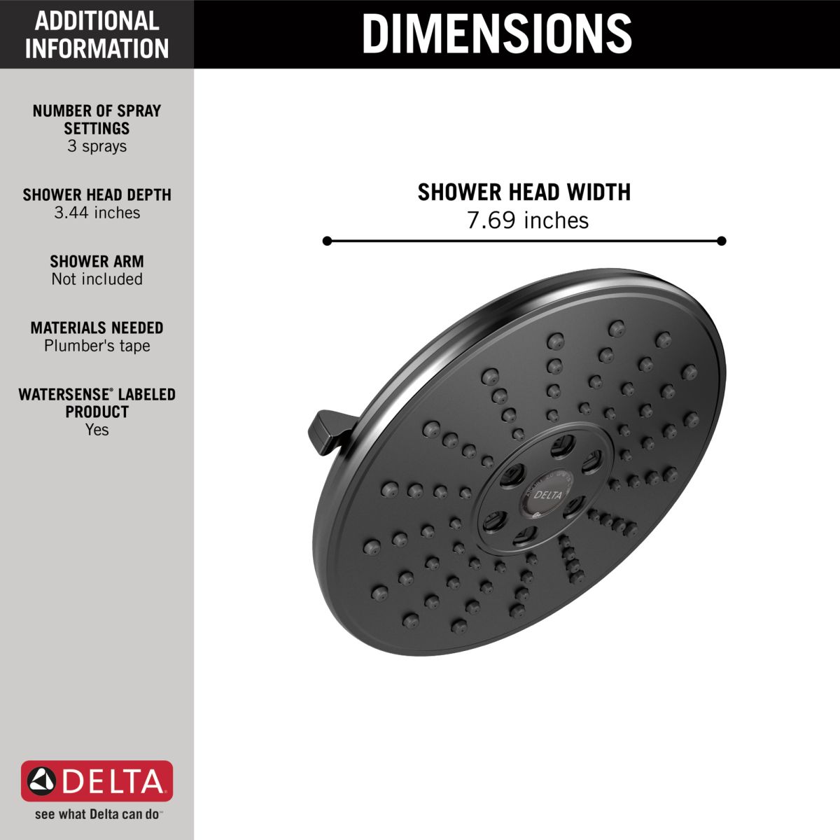DELTA Universal Showering Components H2OKINETIC 3-Setting Raincan Shower Head — Matte Black