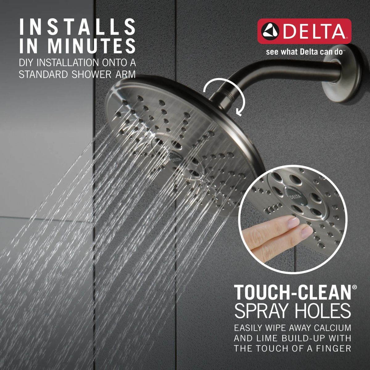 DELTA Universal Showering Components H2OKINETIC 3-Setting Raincan Shower Head — Lumicoat® Stainless