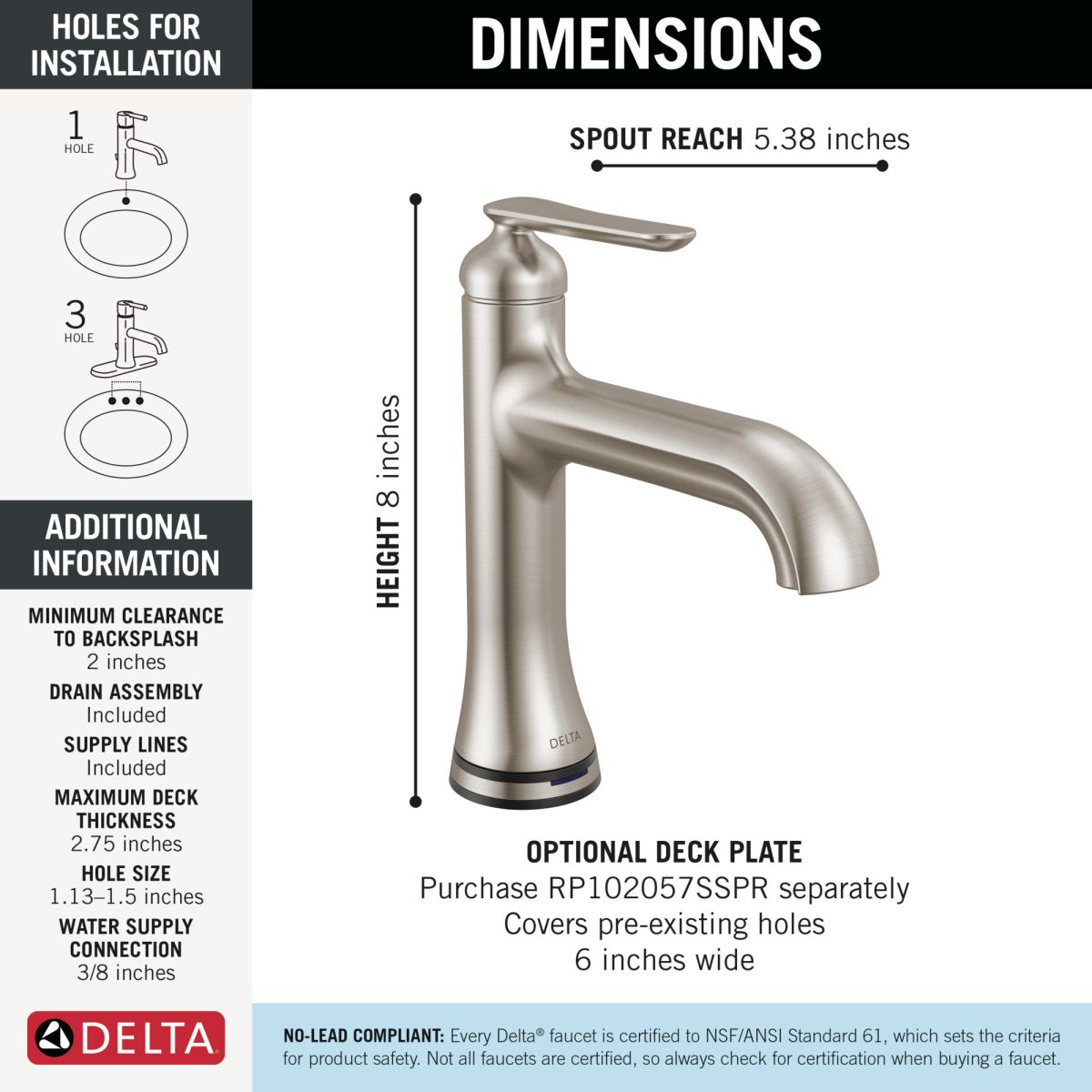 DELTA Bonacci Single Handle Bathroom Faucet with Touch20 with Touchless Technology — Lumicoat® Stainless