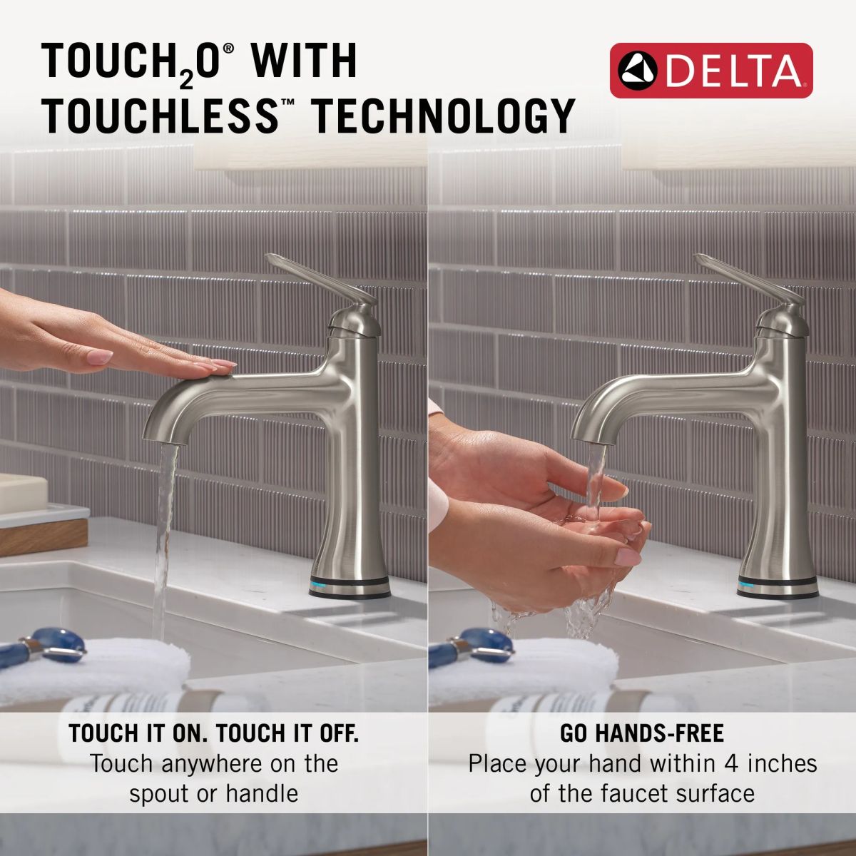 DELTA Bonacci Single Handle Bathroom Faucet with Touch20 with Touchless Technology — Lumicoat® Stainless