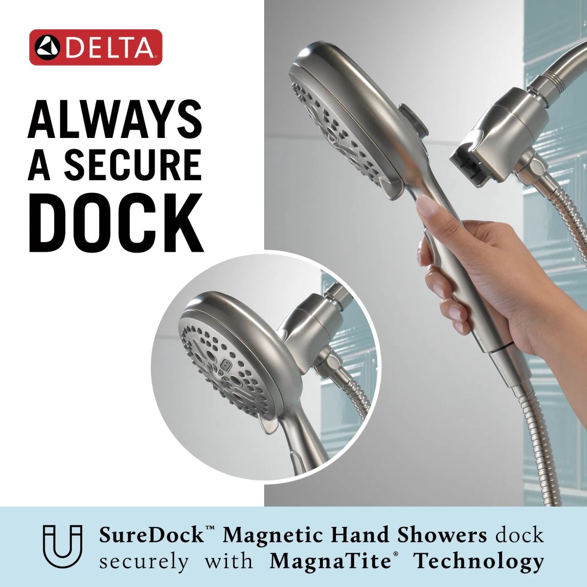 DELTA Universal Showering Components 7-Setting SureDock Magnetic Hand Shower — Stainless