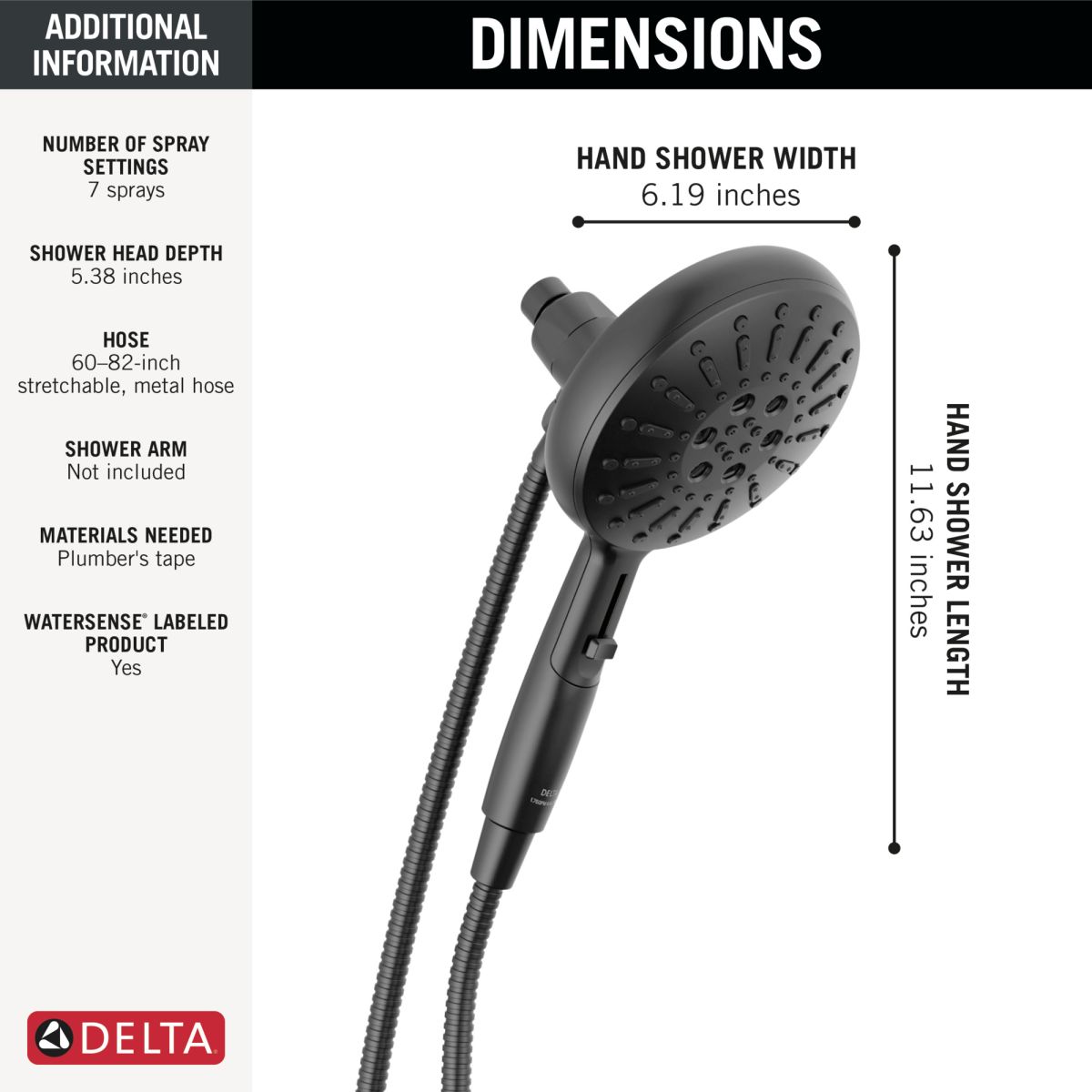 DELTA Universal Showering Components 7-Setting SureDock Magnetic Hand Shower — Matte Black