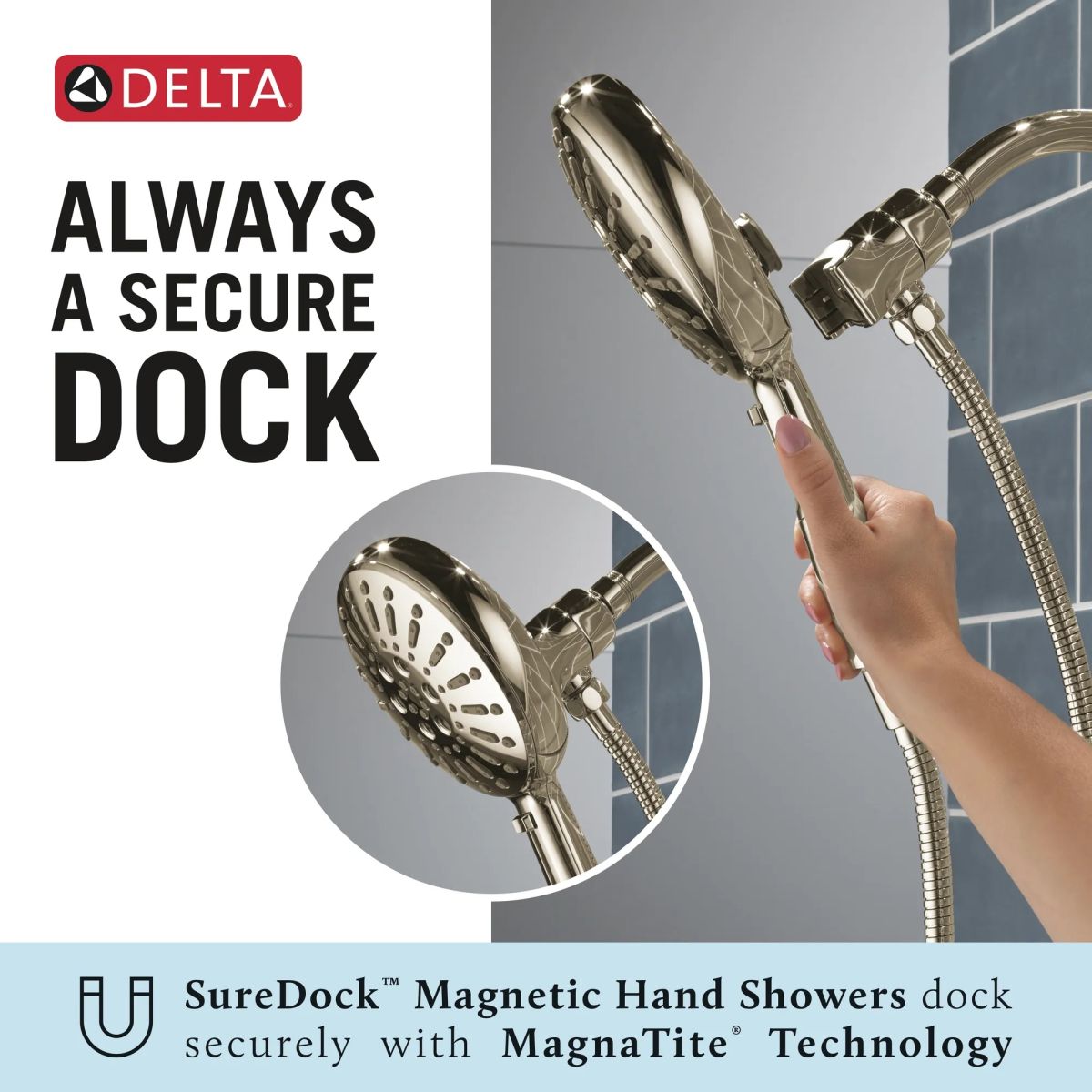 DELTA Universal Showering Components 7-Setting SureDock Magnetic Hand Shower — Lumicoat® Polished Nickel