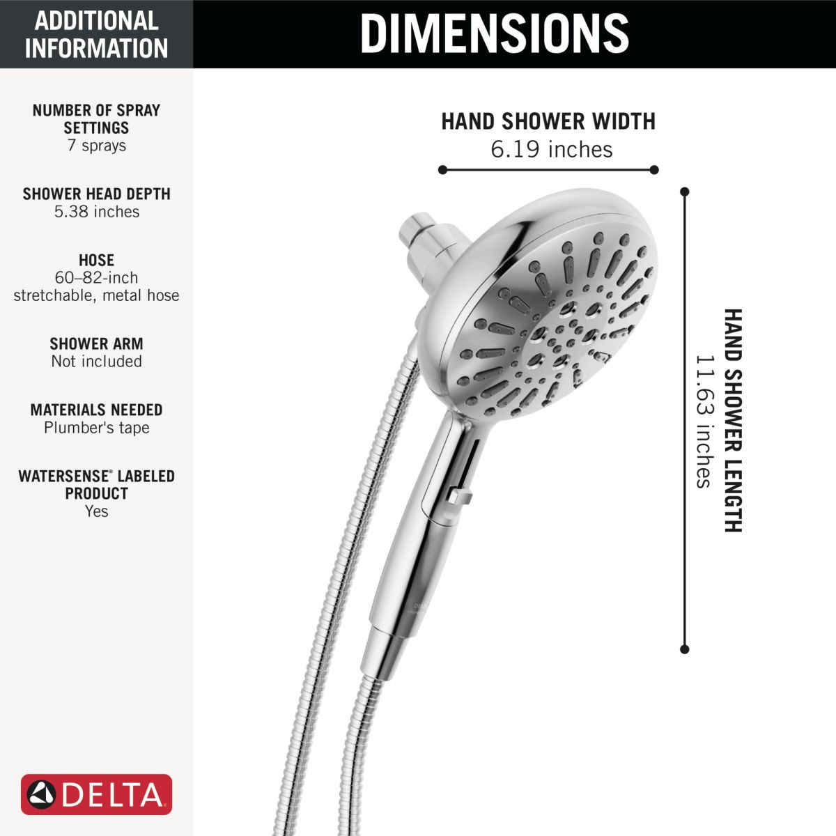 DELTA Universal Showering Components 7-Setting SureDock Magnetic Hand Shower — Lumicoat® Chrome