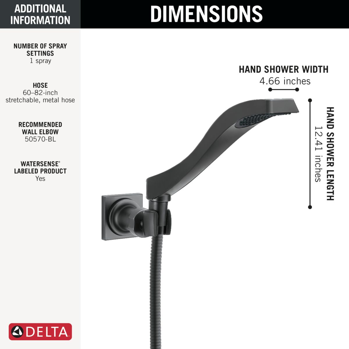 DELTA Dryden Premium Single-Setting Adjustable Wall Mount Hand Shower — Matte Black
