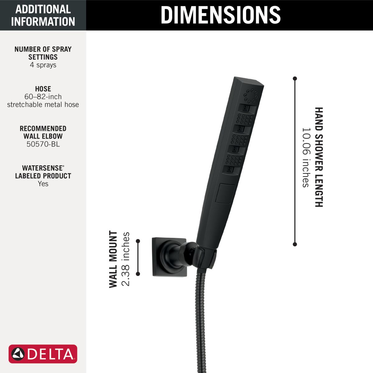 DELTA Universal Showering Components H2OKINETIC 4-Setting Wall Mount Hand Shower — Matte Black