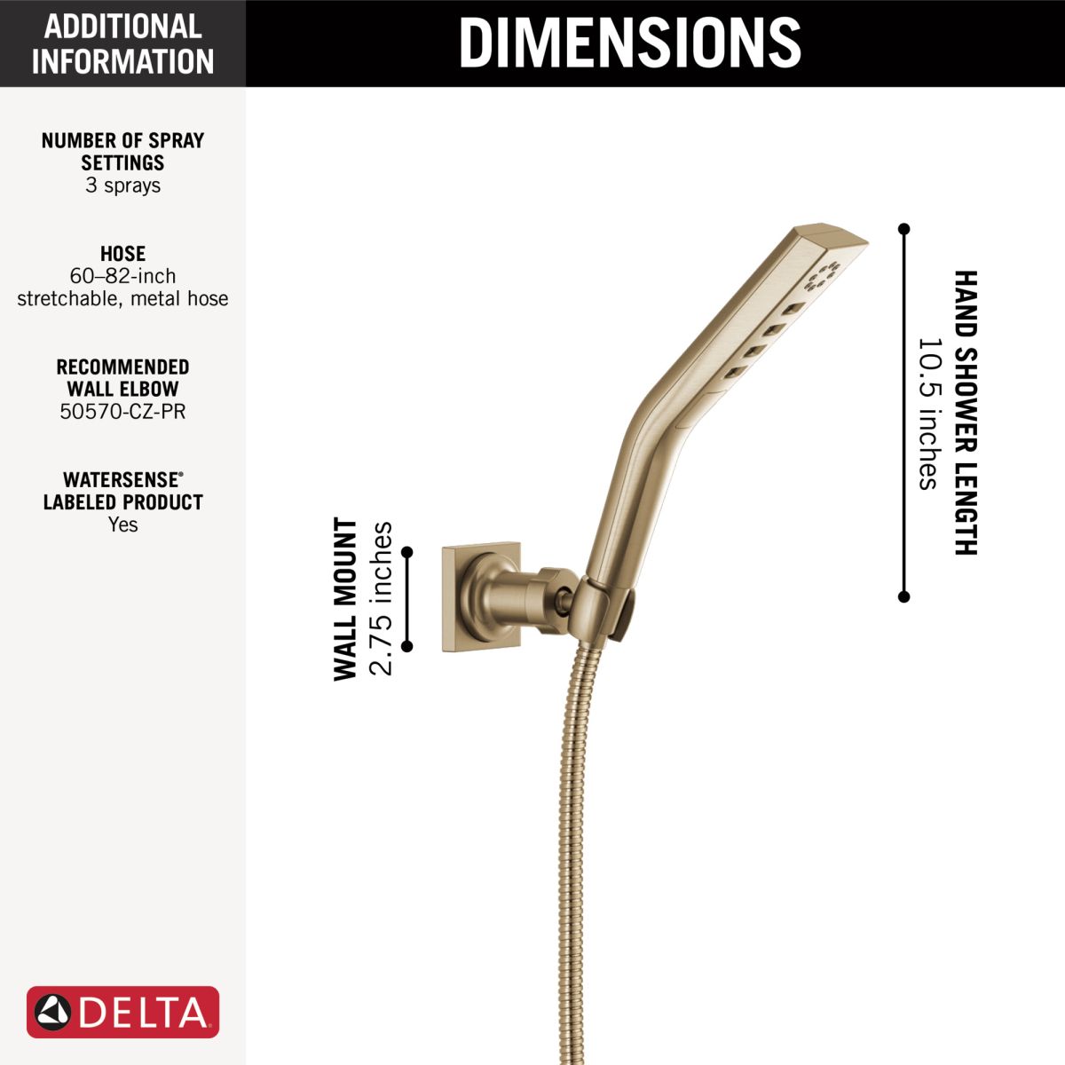 DELTA Universal Showering Components H2OKINETIC 3-Setting Wall Mount Hand Shower — Lumicoat® Champagne Bronze