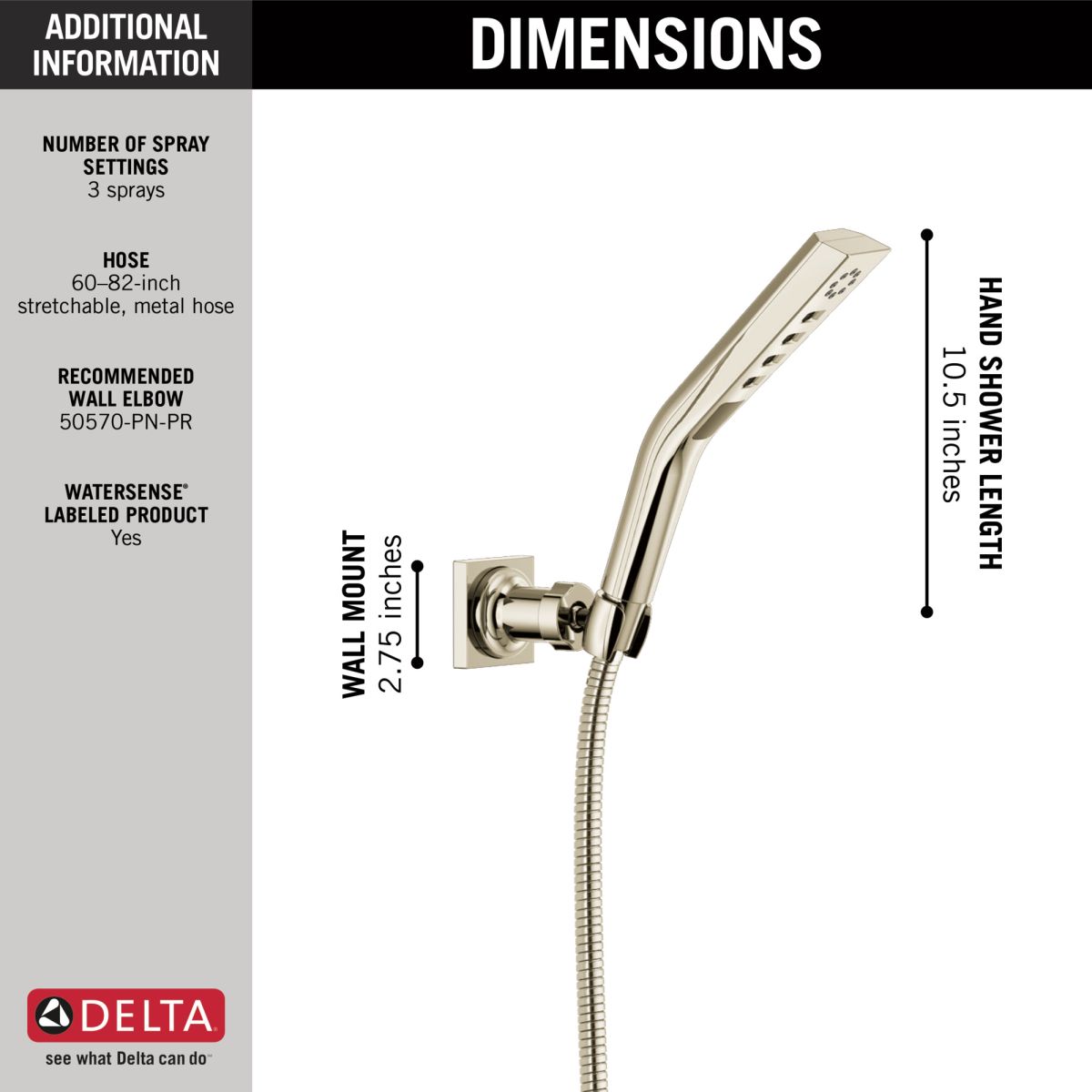 DELTA Universal Showering Components H2OKINETIC 3-Setting Wall Mount Hand Shower — Lumicoat® Polished Nickel