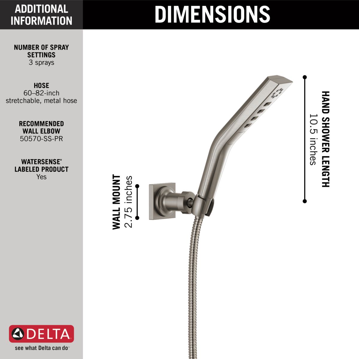 DELTA Universal Showering Components H2OKINETIC 3-Setting Wall Mount Hand Shower — Lumicoat® Stainless
