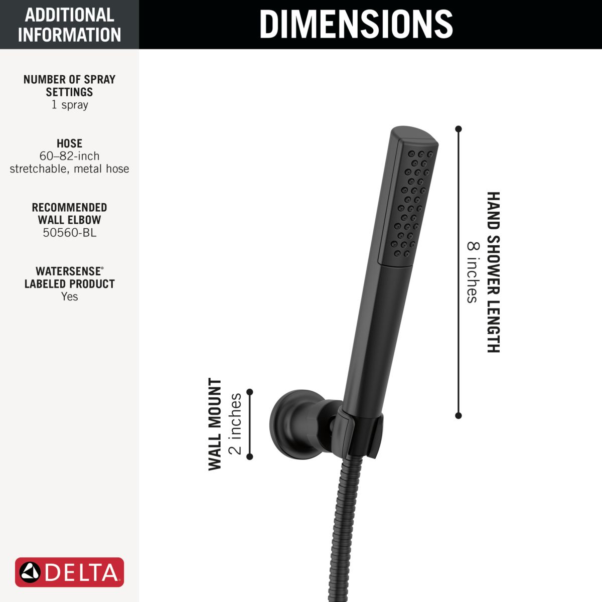 DELTA Universal Showering Components Premium Single-Setting Adjustable Wall Mount Hand Shower — Matte Black