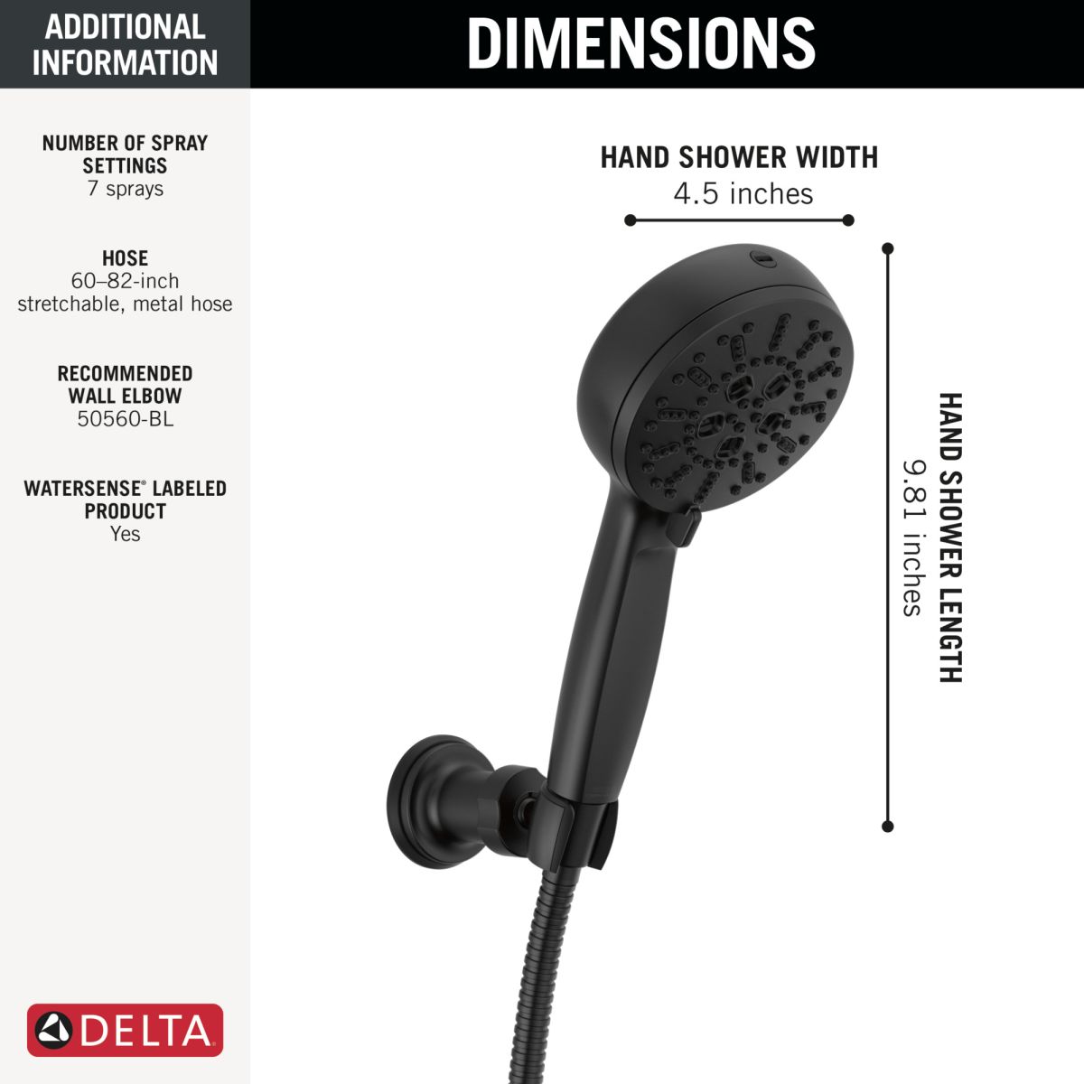 DELTA Universal Showering Components 7-Setting Wall Mount Hand Shower with Cleaning Spray — Matte Black