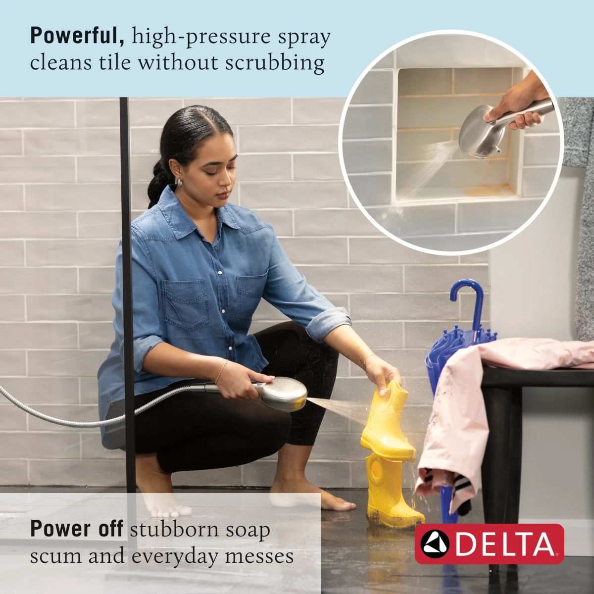 DELTA Universal Showering Components 7-Setting Wall Mount Hand Shower with Cleaning Spray — Lumicoat® Champagne Bronze