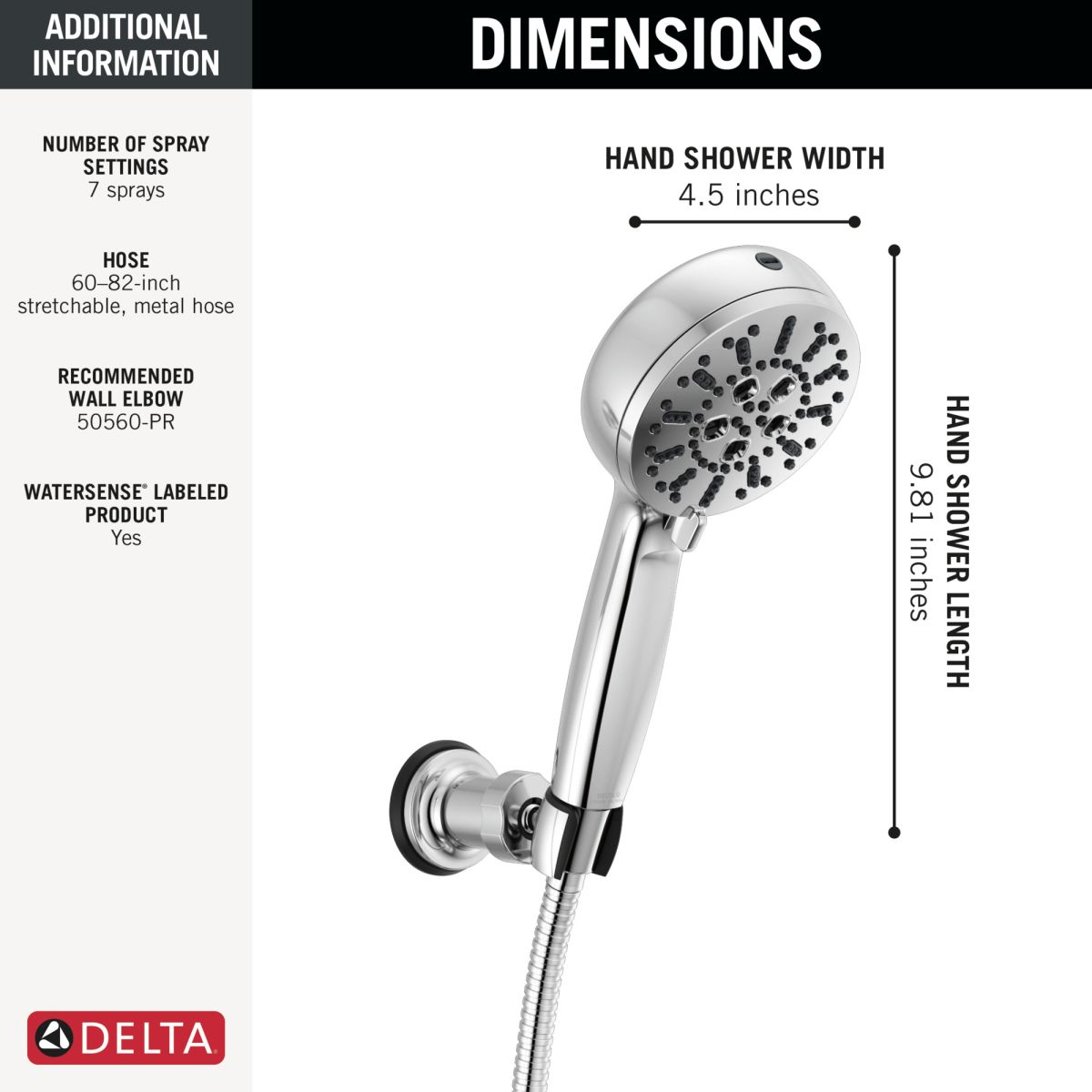 DELTA Universal Showering Components 7-Setting Wall Mount Hand Shower with Cleaning Spray — Lumicoat® Chrome