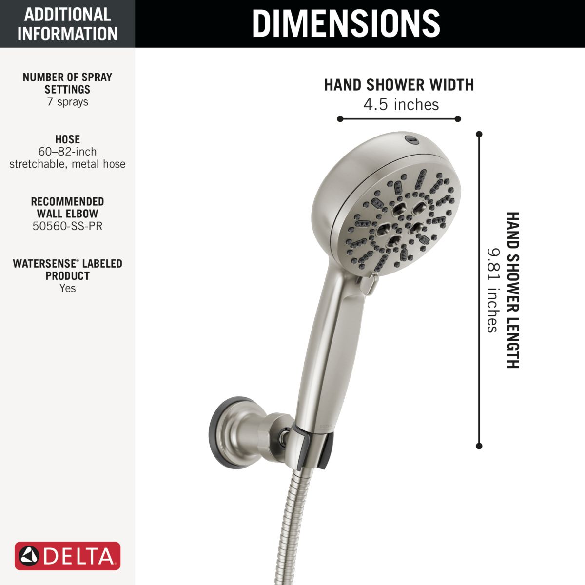 DELTA Universal Showering Components 7-Setting Wall Mount Hand Shower with Cleaning Spray — Lumicoat® Stainless