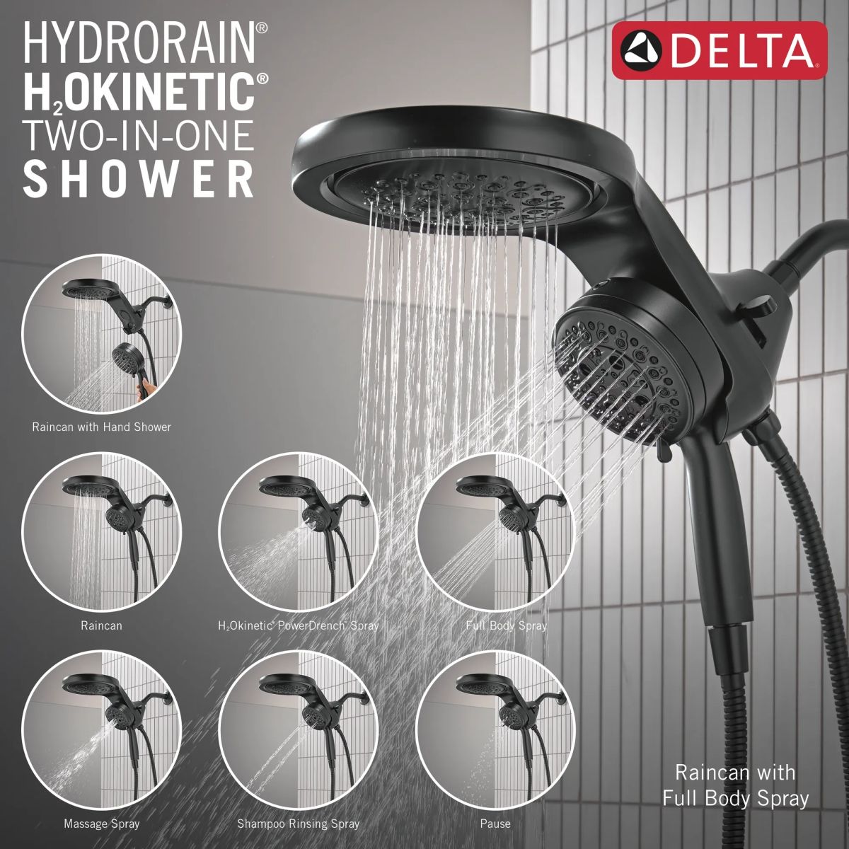 DELTA Universal Showering Components 6-Setting HydroRain with ProClean — Matte Black