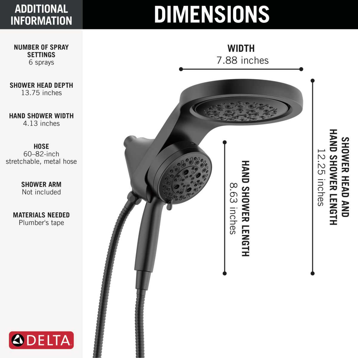 DELTA Universal Showering Components 6-Setting HydroRain with ProClean — Matte Black