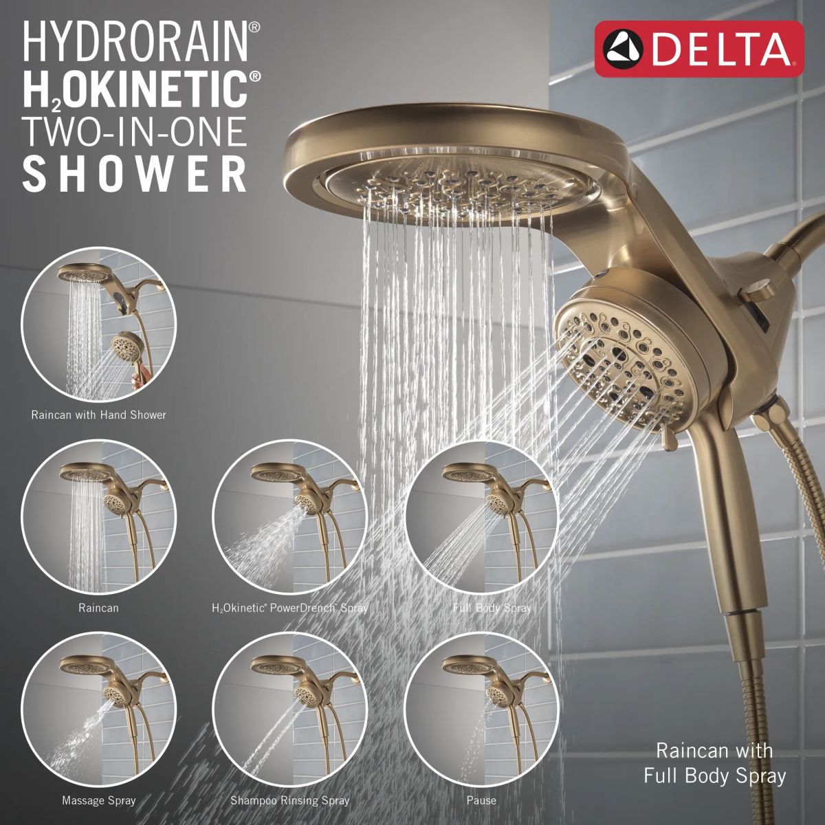 DELTA Universal Showering Components 6-Setting HydroRain with ProClean — Lumicoat® Champagne Bronze
