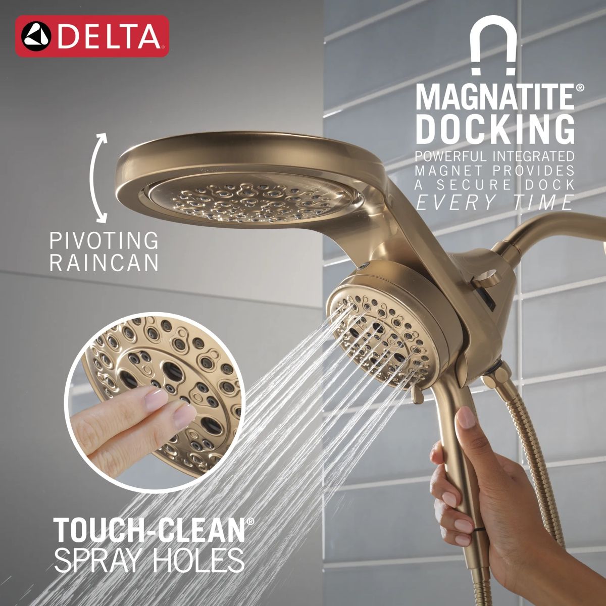 DELTA Universal Showering Components 6-Setting HydroRain with ProClean — Lumicoat® Champagne Bronze