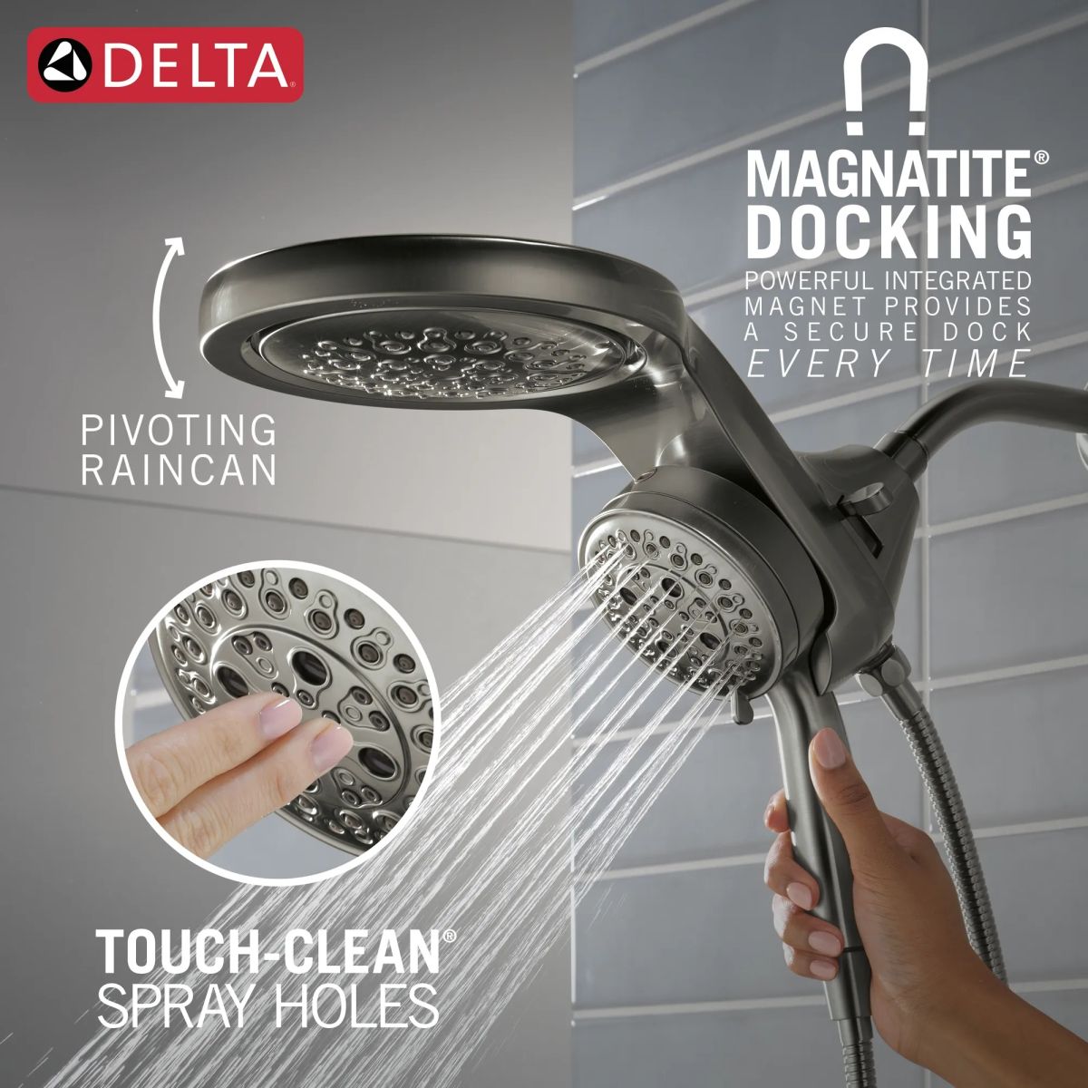 DELTA Universal Showering Components 6-Setting HydroRain with ProClean — Lumicoat® Black Stainless