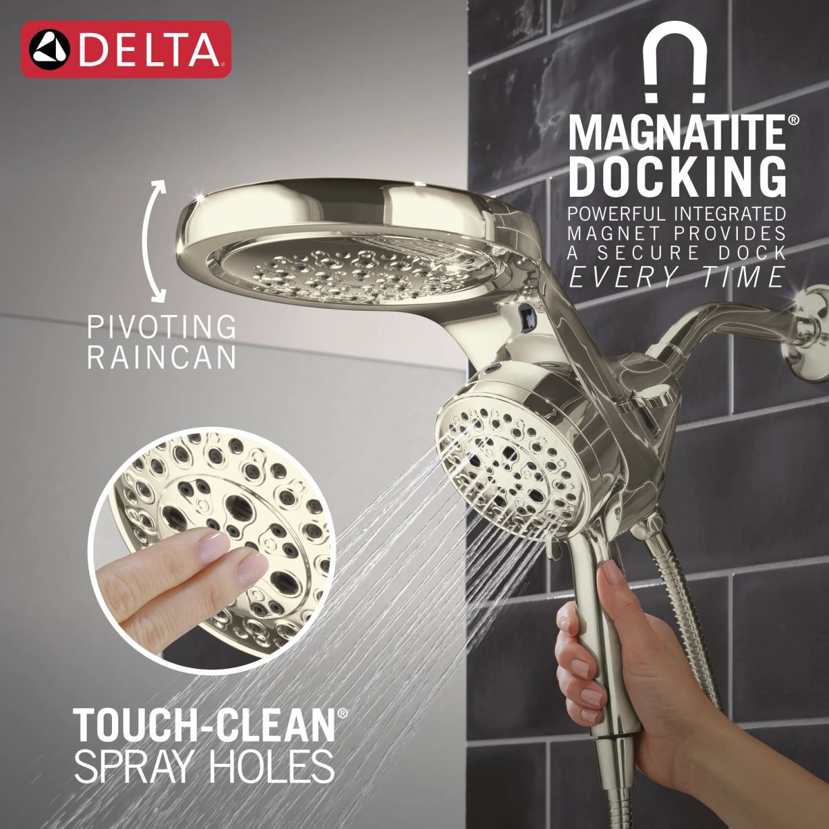 DELTA Universal Showering Components 6-Setting HydroRain with ProClean — Lumicoat® Polished Nickel