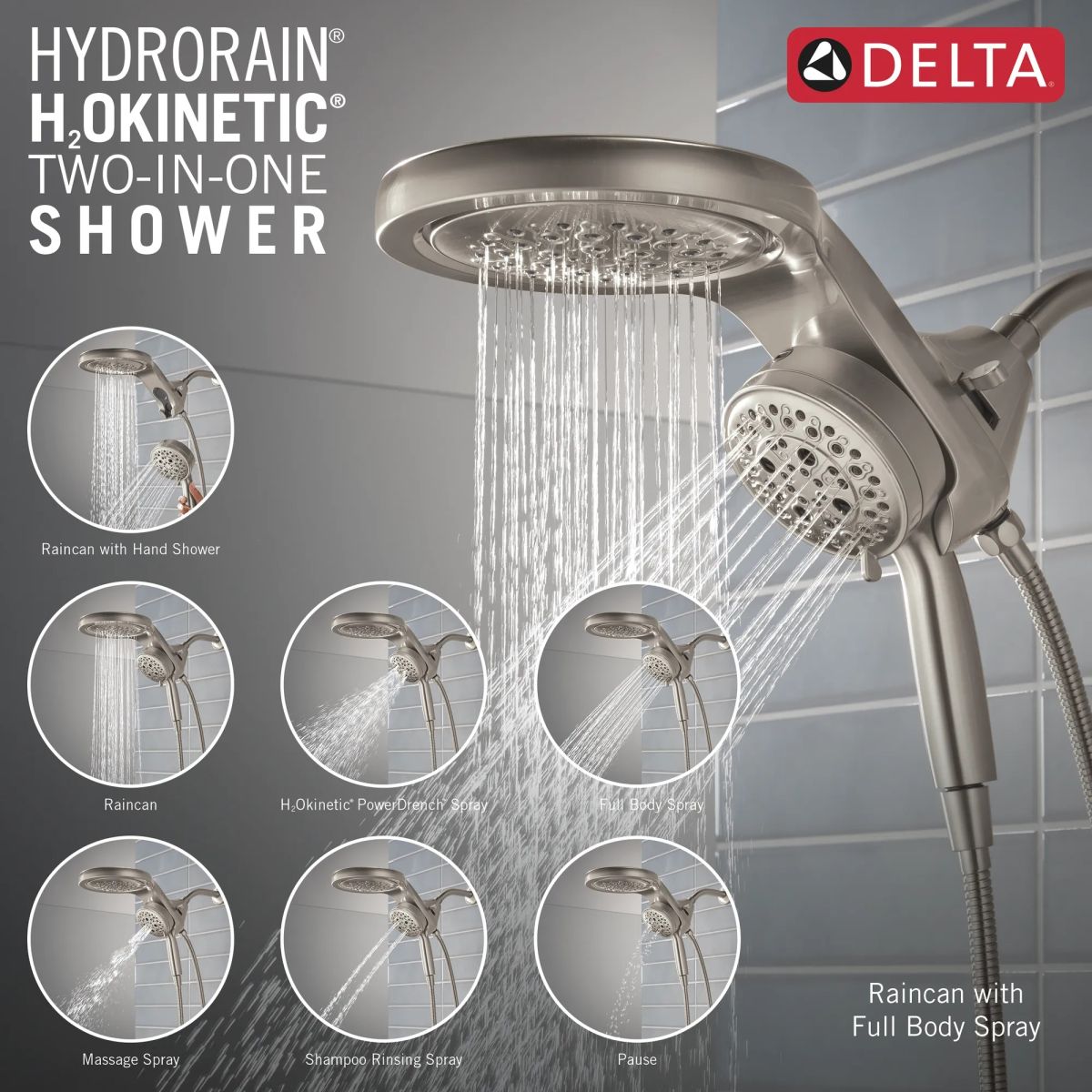 DELTA Universal Showering Components 6-Setting HydroRain with ProClean — Lumicoat® Stainless