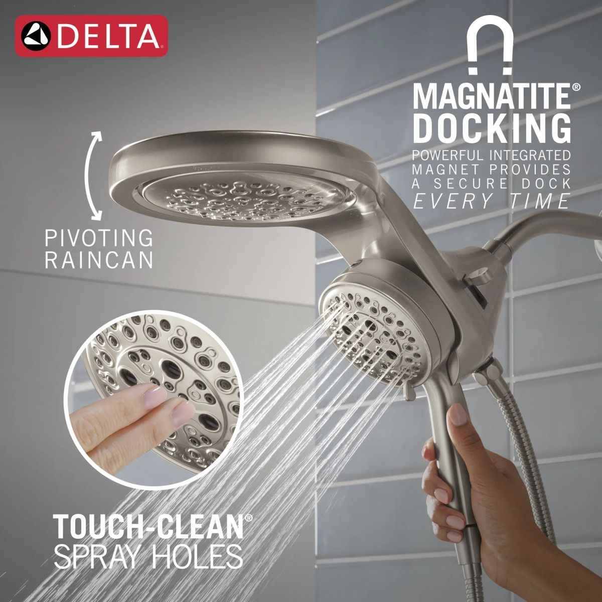 DELTA Universal Showering Components 6-Setting HydroRain with ProClean — Lumicoat® Stainless