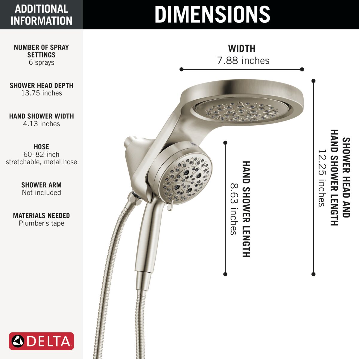 DELTA Universal Showering Components 6-Setting HydroRain with ProClean — Lumicoat® Stainless