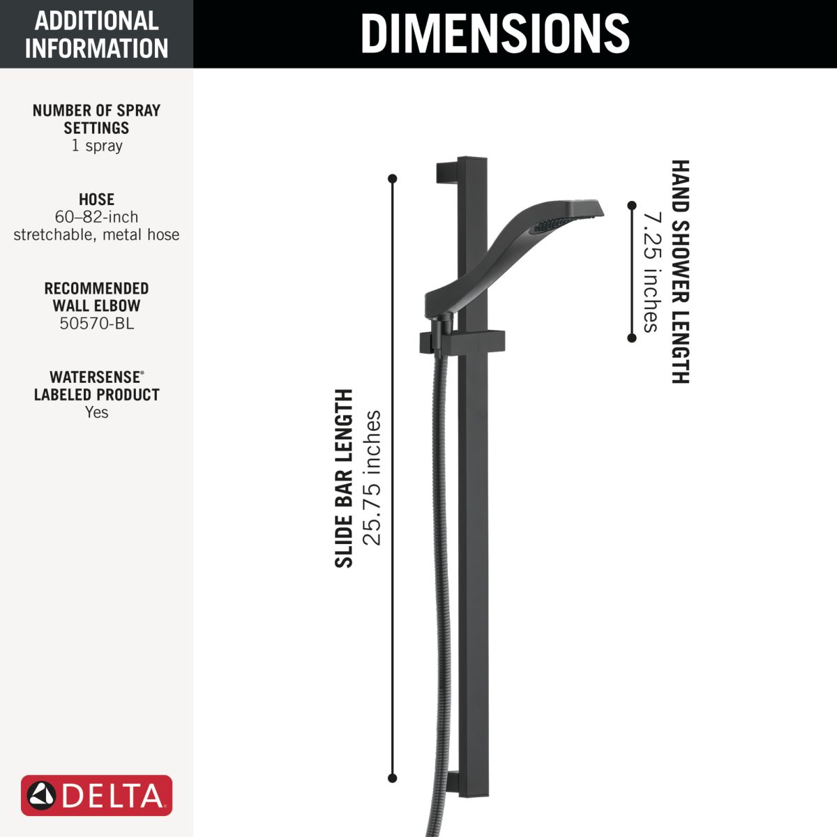 DELTA Dryden Premium Single-Setting Slide Bar Hand Shower — Matte Black