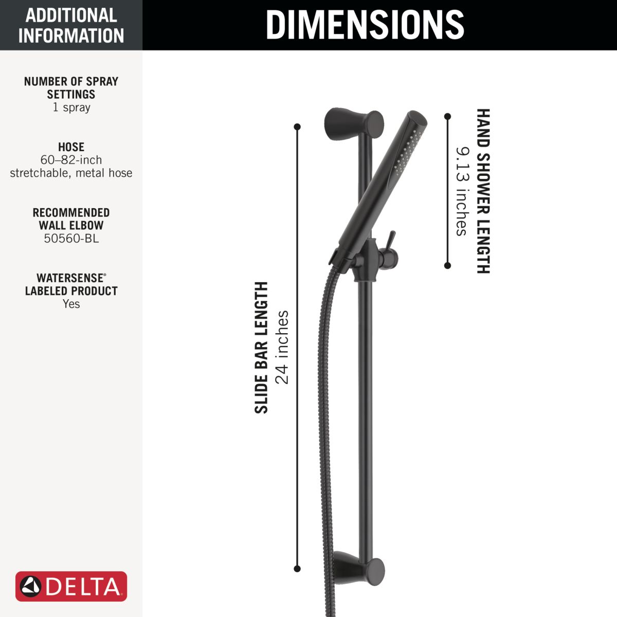 DELTA Grail Premium Single-Setting Slide Bar Hand Shower — Matte Black