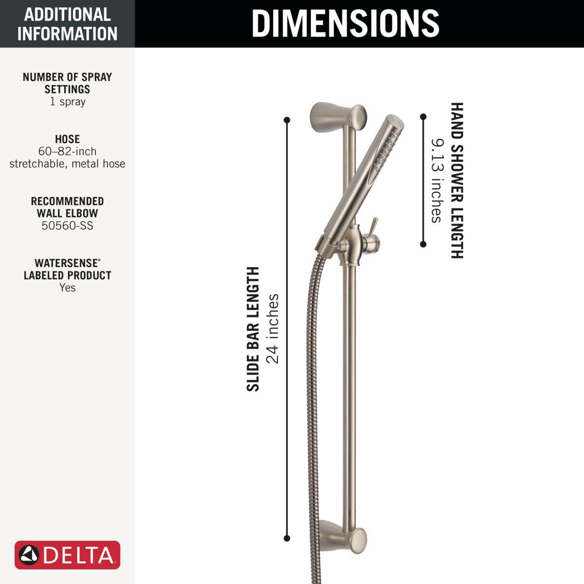DELTA Grail Premium Single-Setting Slide Bar Hand Shower — Stainless