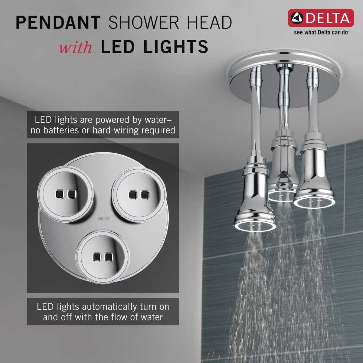 DELTA Universal Showering Components H2OKINETIC Pendant Raincan Shower Head with LED Light — Chrome