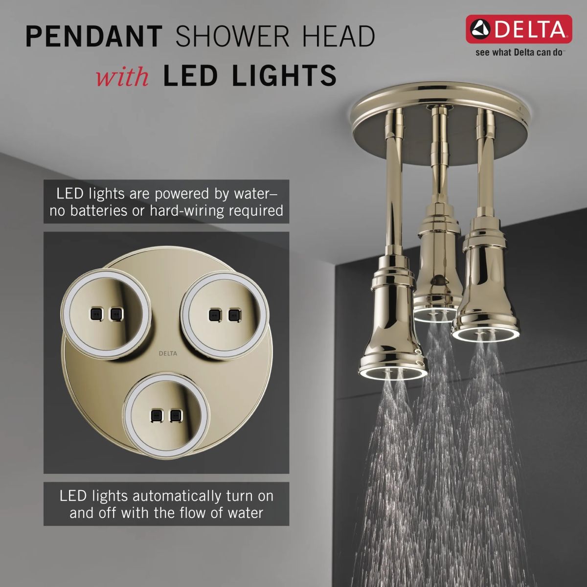 DELTA Universal Showering Components H2OKINETIC Pendant Raincan Shower Head with LED Light — Polished Nickel