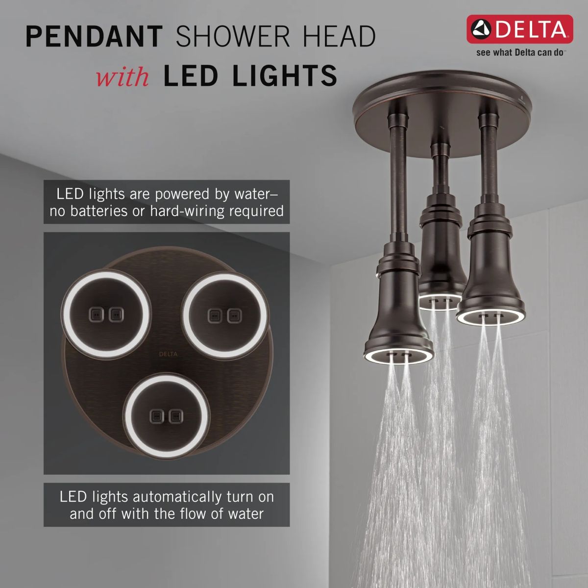 DELTA Universal Showering Components H2OKINETIC Pendant Raincan Shower Head with LED Light — Venetian Bronze
